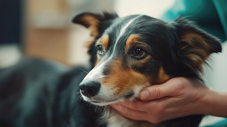 A sick dog at the vet office with a gentle hand petting it, surrounded by a soft-focus background for adding text.の素材