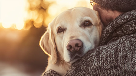 A sick dog being gently held by its owner with a clear, soft-focus background for adding text or copy.の素材