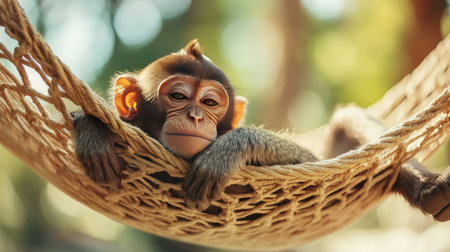A sick monkey resting in a hammock with a tired expression, surrounded by a clean, soft-focus background for text.の素材
