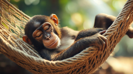 A sick monkey resting in a hammock with a tired expression, surrounded by a clean, soft-focus background for text.の素材