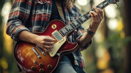 A solo guitarist in a relaxed pose, with a blurred outdoor background offering clear space for adding text or copy.の素材