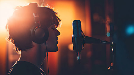 A singer in a recording studio wearing headphones, with a soft-focus background and clear space around for text placement.の素材