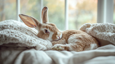 A sick rabbit lying on a soft blanket with a supportive pillow, surrounded by a clear, soft-focus background for text placement. -の素材