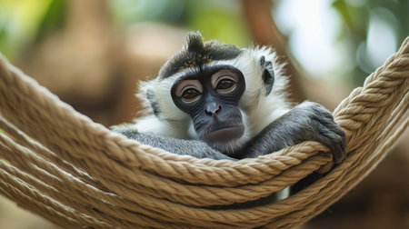 A sick monkey resting in a hammock with a tired expression, surrounded by a clean, soft-focus background for text.の素材