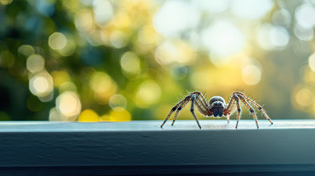 A spider on a windowsill with a blurred outdoor background, providing plenty of open space for text placement.の素材