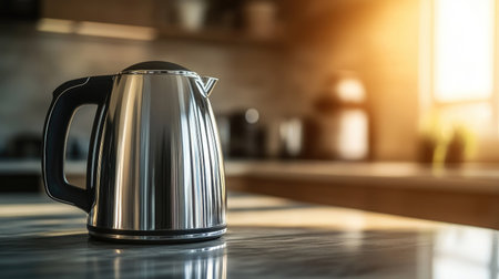 A sleek, modern kettle on a kitchen counter with a blurred background, providing ample space for adding text.の素材