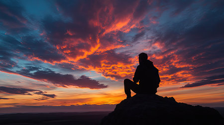 A silhouette of a person enjoying a sunset from a hilltop, with a wide-open sky above for adding copy.の素材