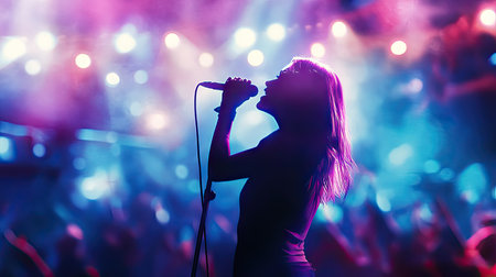 A singer performing on stage with a microphone, surrounded by stage lights and a blurred crowd, with ample space for text above.の素材