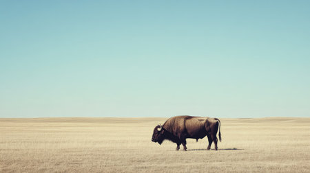 A solitary buffalo in a serene pasture with a clear sky above, offering ample space for text or copy.の素材