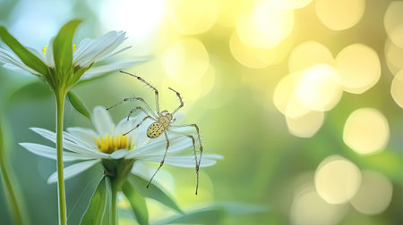 A spider climbing a flower stem with a blurred garden background, leaving ample space for adding text.の素材