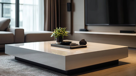 A sleek, minimalist coffee table in a living room, with clean lines and space for text.の素材