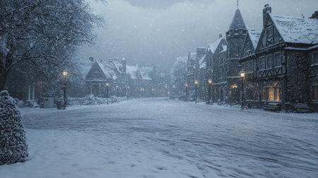 A snowstorm sweeping across a deserted town square, with a clean, snowy sky area above for adding copy.の素材