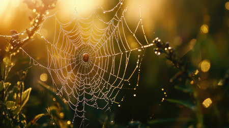 A spider intricate web glistening with dew in the morning light, with plenty of open space around for adding copy. -の素材