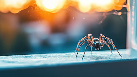 A spider on a windowsill with a blurred outdoor background, providing plenty of open space for text placement.の素材