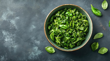 A top view of a bowl filled with crispy fried basil, with ample space around for text.の素材