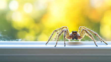 A spider on a windowsill with a blurred outdoor background, providing plenty of open space for text placement.の素材