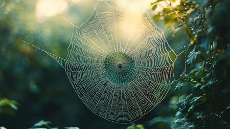 A spider intricate web glistening with dew in the morning light, with plenty of open space around for adding copy. -の素材
