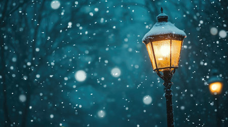 A streetlamp illuminated by snowflakes during a snowstorm, with ample space in the background for text or copy.の素材