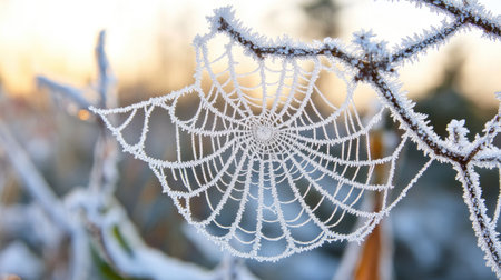 A spider's web covered in morning frost, with a clean and expansive background for text placement. -の素材