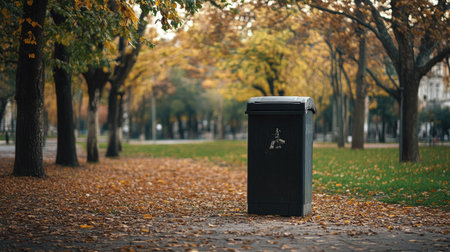 A street rubbish bin in a city park with trees in the background, leaving room for copy above.の素材