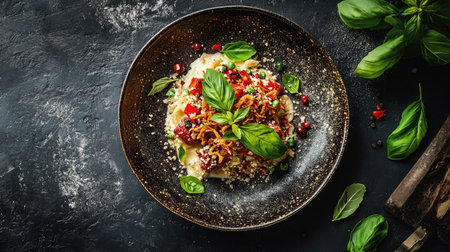 A top-down view of a gourmet dish topped with crispy fried basil, leaving room around the plate for text.の素材
