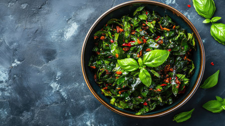 A top view of a bowl filled with crispy fried basil, with ample space around for text.の素材