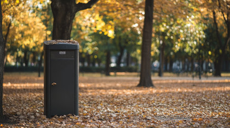 A street rubbish bin in a city park with trees in the background, leaving room for copy above.の素材