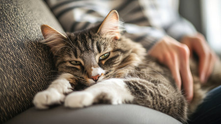 A tired cat lying on a couch, being comforted by its owner, with a large area of clear background for adding text.の素材
