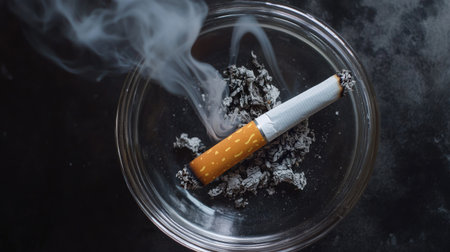 A top view of a cigarette burning in an ashtray with smoke curling, leaving room around for text. -の素材