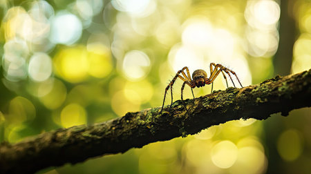 A spider perched on a tree branch with a softly blurred forest background, offering space for text or copy.の素材
