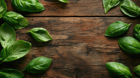 A top view of fried basil leaves on a rustic wooden table, with ample space in the background for copy.の素材
