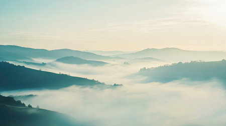A tranquil landscape covered in a thick sea of fog with rolling hills in the distance, providing ample open space for text.の素材