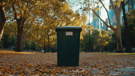 A street rubbish bin in a city park with trees in the background, leaving room for copy above.の素材