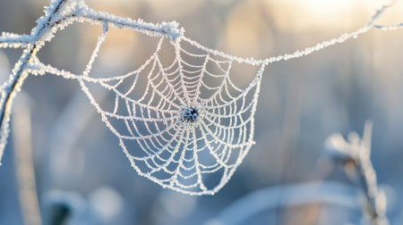 A spider's web covered in morning frost, with a clean and expansive background for text placement. -の素材