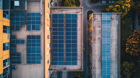 A top view of solar cells installed on a building, with plenty of open space around for text.の素材