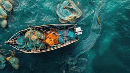 A top view of a fishing boat with nets and catch visible, with a clean, unobtrusive background for adding text.の素材