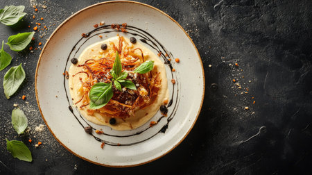 A top-down view of a gourmet dish topped with crispy fried basil, leaving room around the plate for text.の素材