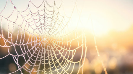 A spider's web glistening in the sunlight with a clear sky in the background, offering space for adding text.の素材