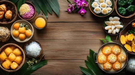 A top view of Thai dessert offerings on a wooden table, featuring ample clear space for text around the dishes.の素材
