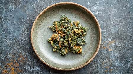 A top view of a plate with a generous serving of fried basil, with a simple background for copy placement. -の素材