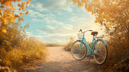 A vintage bicycle parked by a scenic path, with an empty space around for adding text.の素材