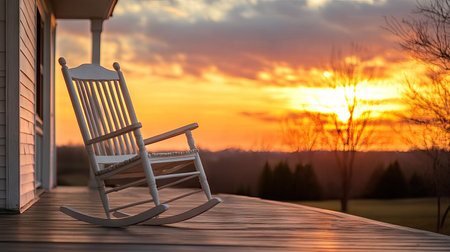 A vintage rocking chair on a porch with a sunset in the background, leaving space for copy in the sky.の素材