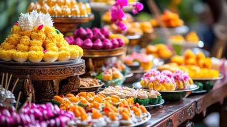 A vibrant Thai dessert table with a variety of colorful treats, with ample space in the background for text or copy. d3c3aaf79292の素材