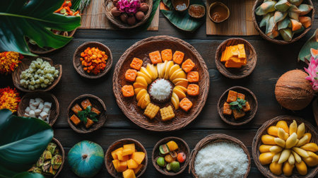 A traditional Thai dessert spread with fruit and coconut-based sweets, leaving a large area around for adding text.の素材