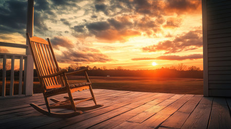 A vintage rocking chair on a porch with a sunset in the background, leaving space for copy in the sky.の素材