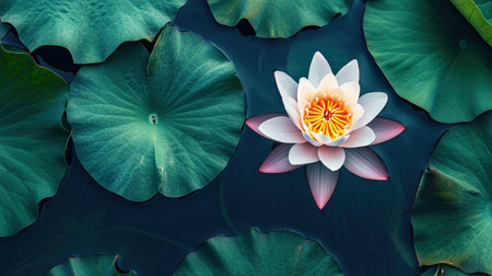 A vibrant lotus flower surrounded by large green leaves, with ample water surface for text placement.の素材