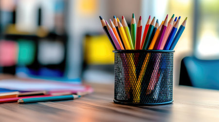A vibrant collection of colored pencils in a pencil holder on a desk, with clean space around for adding text.の素材