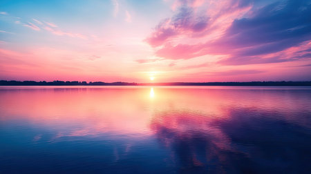 A tranquil lake reflecting the colors of the sunrise, with space above the horizon for adding text.の素材
