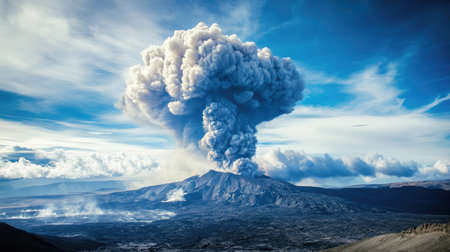 A volcanic eruption seen from a safe distance, with ash plumes and a clear horizon for copy placement.の素材