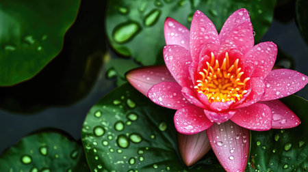 A vibrant pink lotus flower with dew drops, framed by lush greenery and a clean background for text.の素材